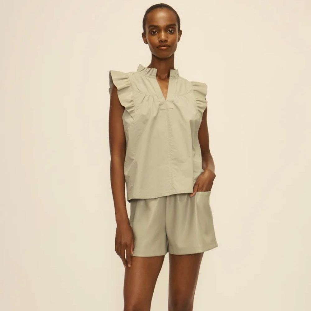 MELISSA NEPTON Isha Flutter Shoulder and Vegan Mix Media Top Khaki Beige M NWT